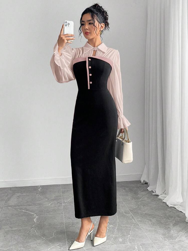 Modelyn Váy dài tay khoét lỗ màu tương phản thanh lịch dành cho nữ - Hồng - Xem 8