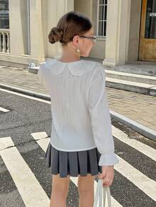 SHEIN 女童休闲通勤风白色提花宽松长袖彼得潘领衬衫，适合日常通勤