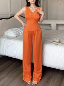 SHEIN Semi-Sheer Orange Pajama Set With Contrast Lace And Regular Fit Pants - Orange - View 4