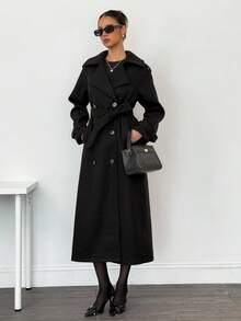 SHEIN Tall Women's Solid Color Lapel NeckDouble-Breasted Long Overcoat Long Black Coat In Fall/Winter - Black - View 5