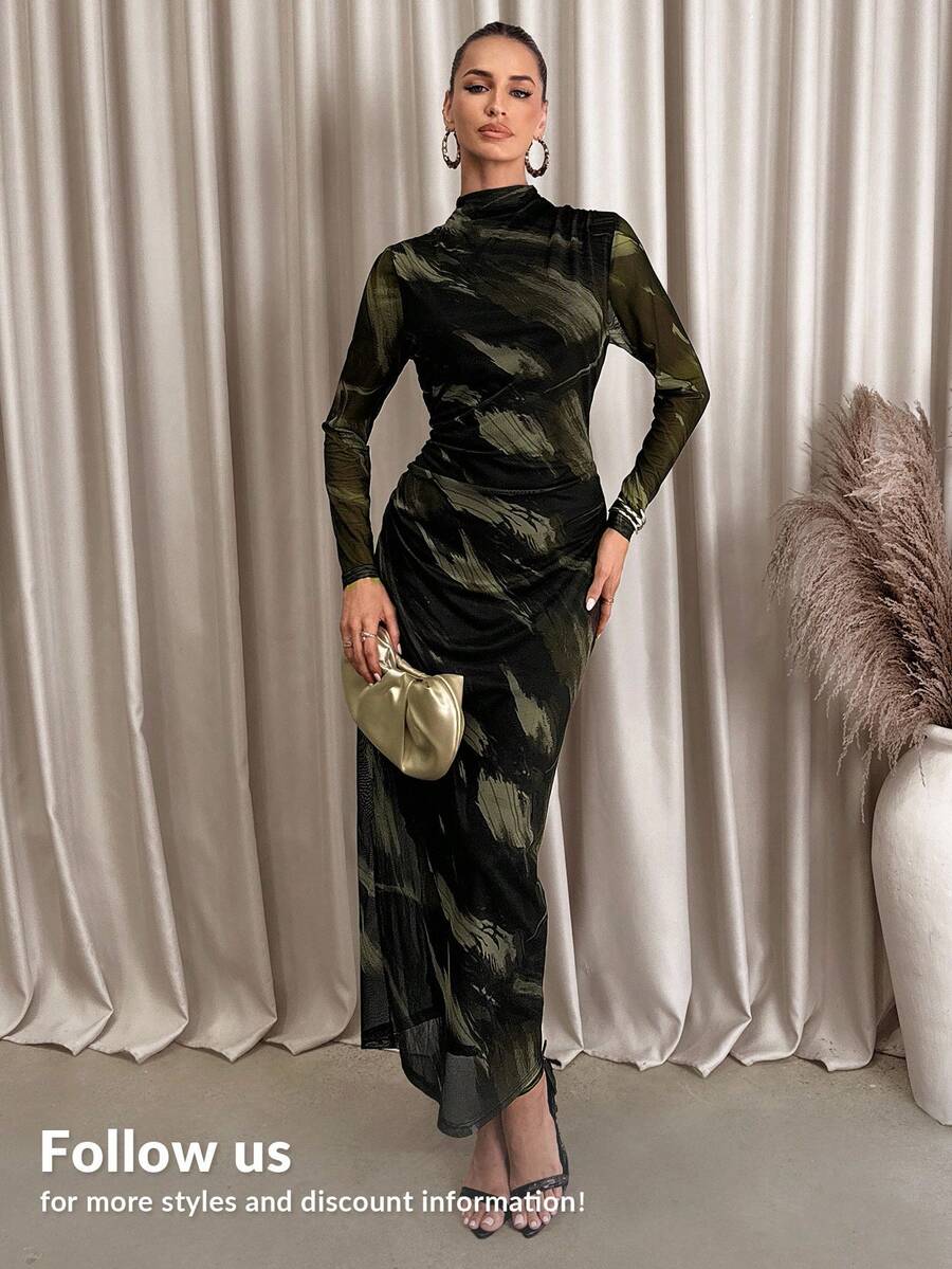 Lavishia Váy ôm dài tay cổ lọ họa tiết trừu tượng màu đen và cà phê dành cho nữ - xanh quân đội - Xem 1