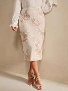 Anewsta Váy thêu hoa cao cấp thanh lịch cỡ lớn - Màu be - Xem 8