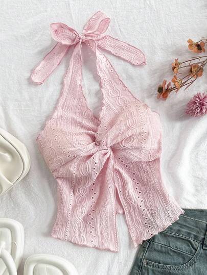 SHEIN Tween Girls Solid Pink Textured Knit Vacation Style Halter Neck Tie Front Short Tank Top For Tween Girls, Beach Wear, Summer Ouifit