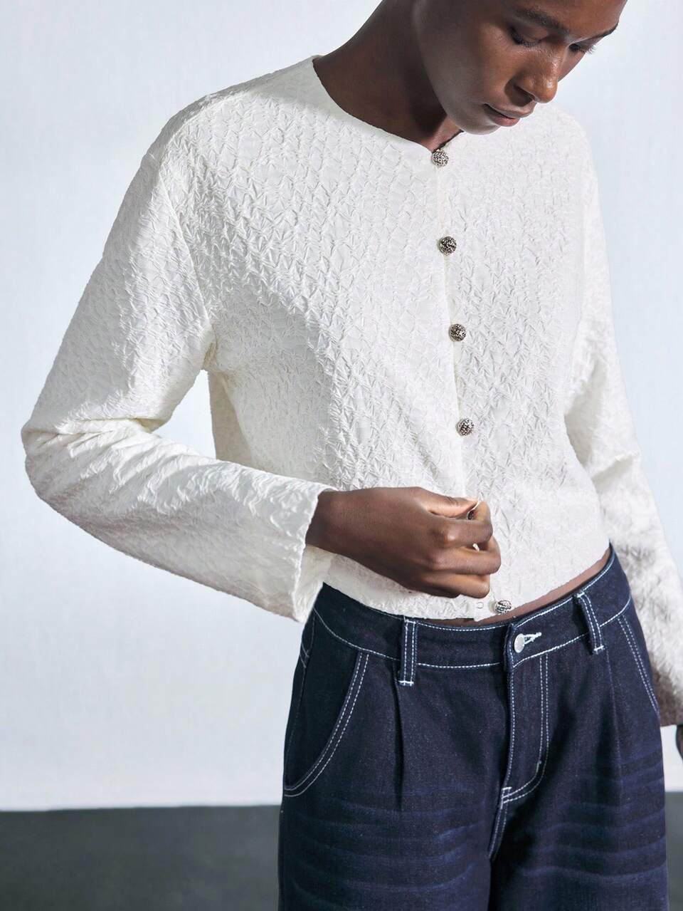SHEIN Maija White Elegant Tea Party Autumn Women's Apricot Knitted Textured Round Neck Long Sleeve Cardigan Jacket,Short Modern Urban Button Up Knit Fall Clothes