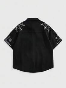 ROMWE MEN Goth Men's Spider Web Embroidered Short Sleeve Single-Breasted Casual Denim Shirt, Halloween - Black - View 2