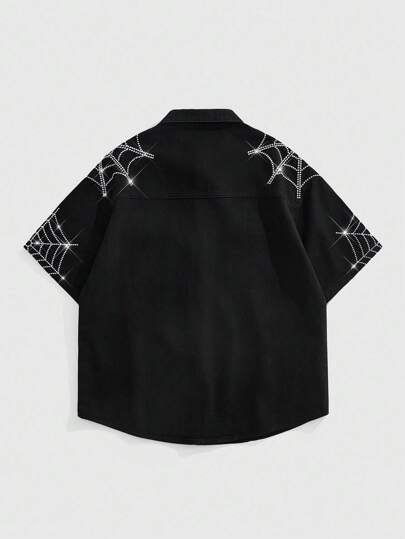 Goth Men's Spider Web Embroidered Short Sleeve Single-Breasted Casual Denim Shirt, Halloween