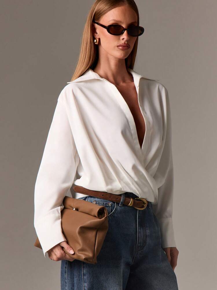 Draped Wrap Front Collared Blouse With Long Sleeves
