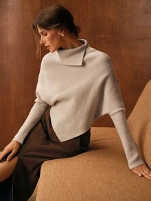 MOTF PREMIUM 不对称下摆高领毛衣 - 杏色 - 查看 2