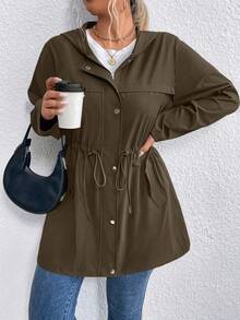 EMERY ROSE Plus Size Women Drawstring Waist Hooded Jacket Fall Winter Cloth For Women Autumn - Brown - View 5