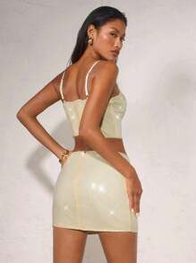 SHEIN BAE Summer Women's Suspenders Apricot Shiny Sequins Ladies Bra Tops & Sequins Skirts, Ladies Two-Piece Suits, Suitable For Graduation Parties, Dates, Banquets, Parties, Sister Gatherings,Seaside Beach Party