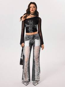 SHEIN ICON Asian Fit Low Waist Skinny Ripped Flare Jeans - Dark Grey - View 7