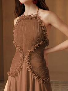 Anewsta Elegant Red Spaghetti Strap Ruched Waist Dress With Ruffled Hem, High-End Mini Cocktail Dress - Khaki - View 6