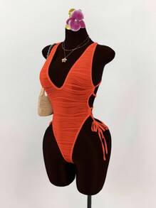 Amplova 深V领露背交叉蝴蝶结纹理紧身衣