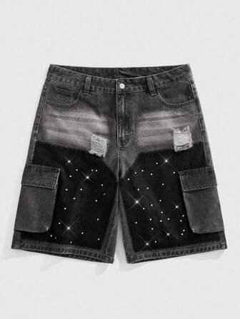 Street Life Herren Lässig gewaschene, abgenutzte Denim-Cargo-Shorts mit Strass-Taschen