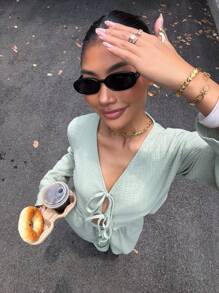 SHEIN EZwear 2-Piece Commuter Autumn Outfit Set 100% Cotton Mint Green Casual Waist Tie Shirt And Drawstring Waist Wide-Leg Pants Set, Autumn Women's Clothing, Old Style Women's Clothing Bohemian - Green - View 6