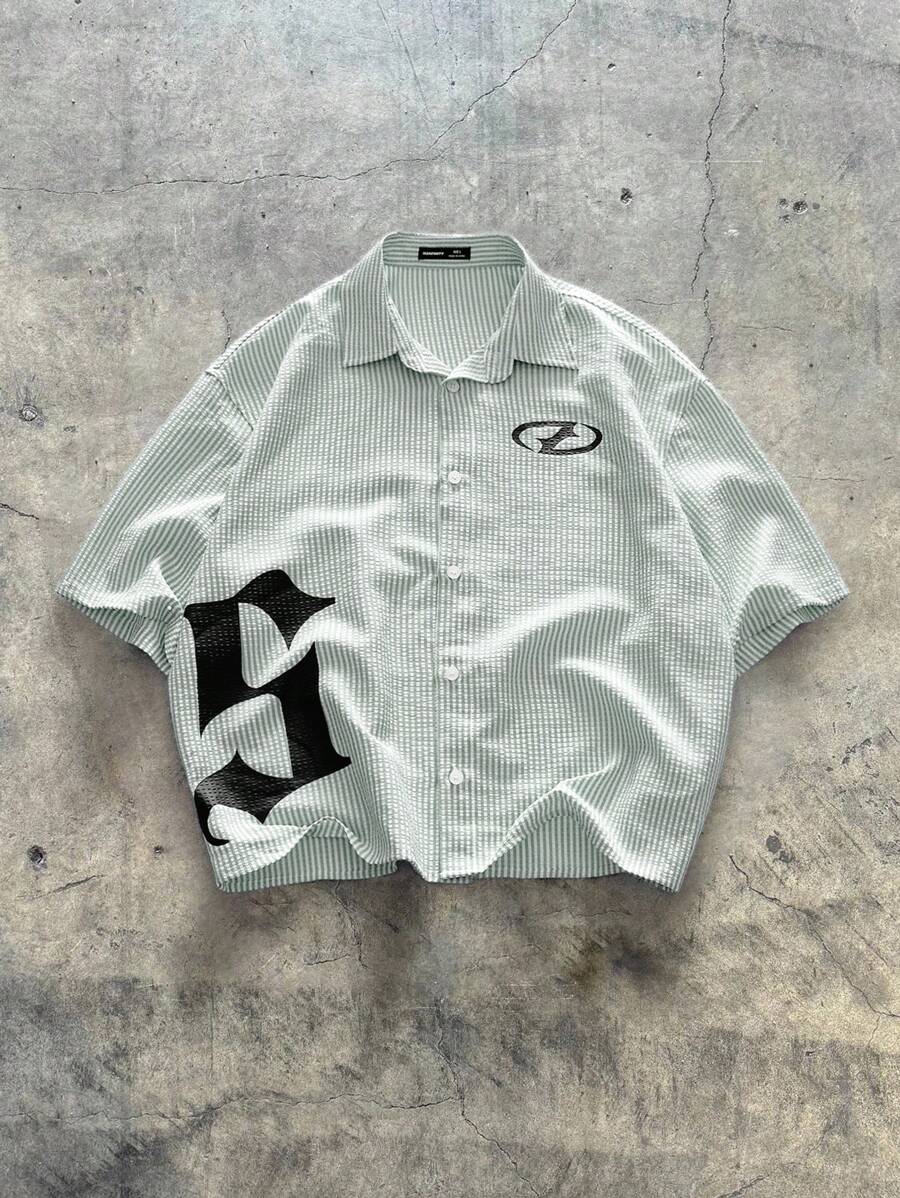 AXEPEAK Áo sơ mi nam cổ polo in chữ kẻ sọc tay ngắn - màu xanh lá - Xem 1