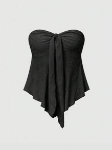 Sweetra Áo nữ mùa hè màu trơn, thắt nút phía trước, vạt áo bất đối xứng, không dây vai, kiểu dáng thường ngày Y2K - màu đen - Xem 3