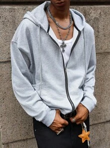 Manfinity EMRG 男士休闲前拉链落肩抽绳连帽衫 男士拉链连帽衫 灰色连帽衫 男士休闲连帽衫 拉链连帽衫 男士运动衫 连帽衫 灰色拉链连帽衫 男士拉链连帽衫 男士街头风连帽衫 男士科技风连帽衫 - 灰色 - 查看 3