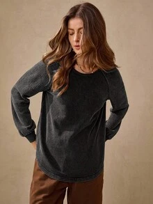 Wildy Fall Country Chic Women's Casual Washed Raglan Sleeve T-Shirt Babydoll Dress Cropped Sweater Gray Sweater Jumper For Women Ribbed Sleeve Sweater Button Up Sweater Women Jumper Women T-Shirt Ribbed T-Shirt PreFall Sweater - Black - View 4
