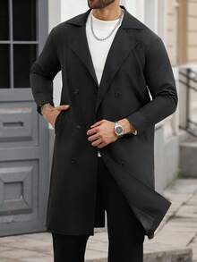 Manfinity Homme 男士加大码双排扣平纹休闲风衣，长款男士外套，黑色男士风衣，男士长款外套，男士风衣套装，秋季 - 黑色 - 查看 4