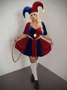 Sunspun 加大码女式天鹅绒方领泡泡袖拼色短袖小丑万圣节优雅休闲角色扮演 A 字裙 - 彩色 - 查看 6