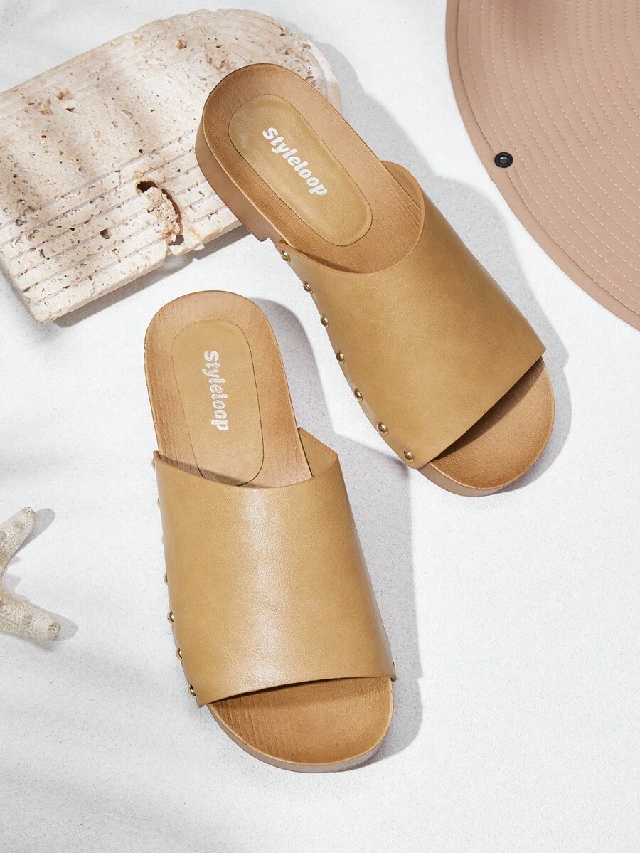 Styleloop Women's Round Toe Slip-On Buckle Strap High Heel Sandals, Rivet Decor, Outdoor/Commute, PU Chunky Heel, Brown - Apricot - View 1