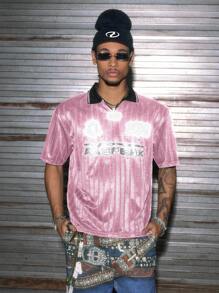 AXEPEAK Men's Summer Fashion Letter Graphic Short Sleeve Polo Shirt, Emo, 2000s Style - Pink - View 3