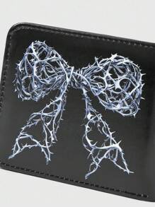 ROMWE Kawaii 1pc Gothic Thorn Vine & Bow Print Bifold Casual Short Wallet, Portable Zipper Coin Purse, Punk Style Pocket Purse, Unisex, Halloween - Black - View 3