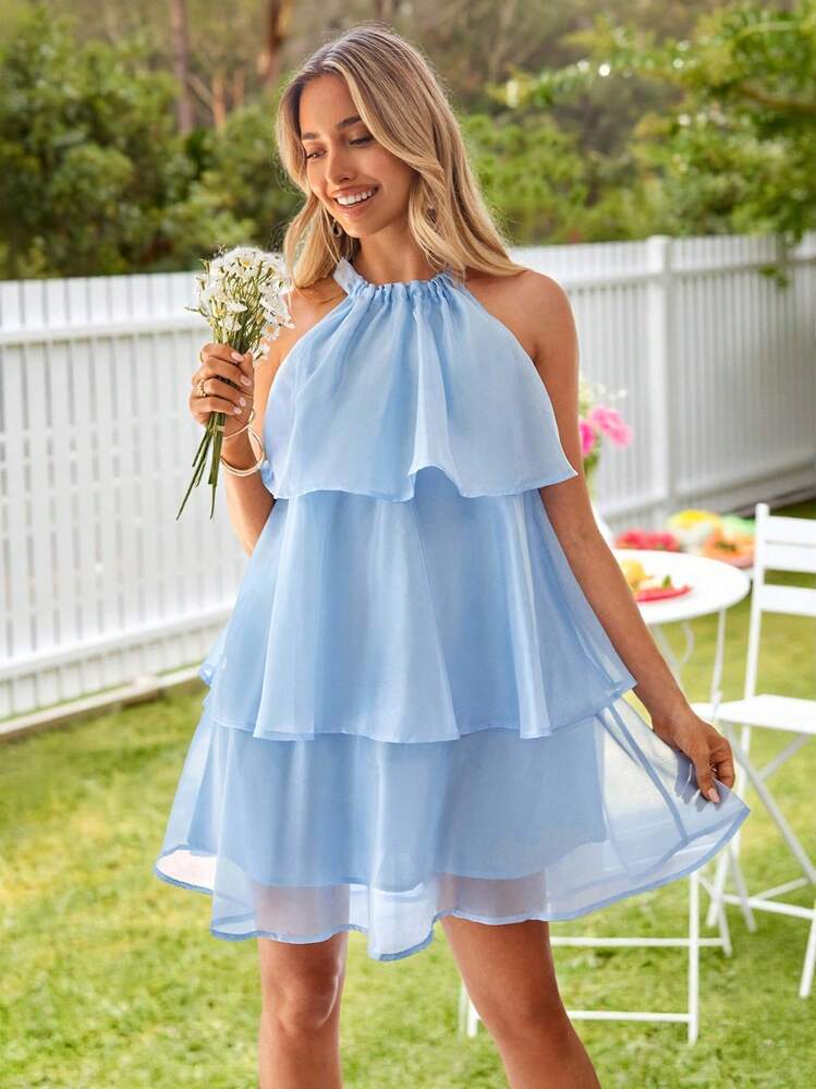 KARISMINA 女士时尚荷叶边无袖挂脖迷你连衣裙 - 藍色 - 查看 5