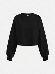 SHEIN Girlism 少女短款长袖黑色圆领卫衣，休闲简约风短款上衣，少女卫衣，宽松卫衣，短款卫衣，长袖卫衣，秋冬短款卫衣 - 黑色 - 查看 3