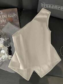 Franclia Fashionable & Elegant Versatile S-Shaped Metal Buckle Decor Sexy Asymmetrical Neck Black Top For Women, Spring/Summer - Apricot - View 2