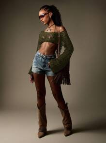 MISSGUIDED 波西米亚风渔网钩针露脐上衣，喇叭袖，适合夏季沙滩穿着，宽松露肩，嬉皮风，Y2K 时尚 - 軍綠色 - 查看 3