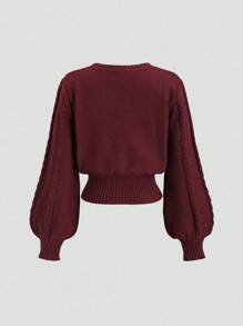 Sweetra Women's Loose Fit Lantern Sleeve V-Neck Cardigan Sweater, Minimalist & Sweet, Burgundy, Autumn/Winter Fall Cloth For Women - Burgundy - View 2