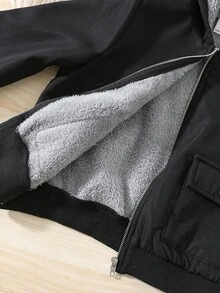 SHEIN 男童休闲舒适保暖连帽加厚羽绒服，冬季男童冬季外套，男童黑色抓绒外套，男童连帽冬季外套，男童带帽冬季大衣，男童黑色羊羔绒外套