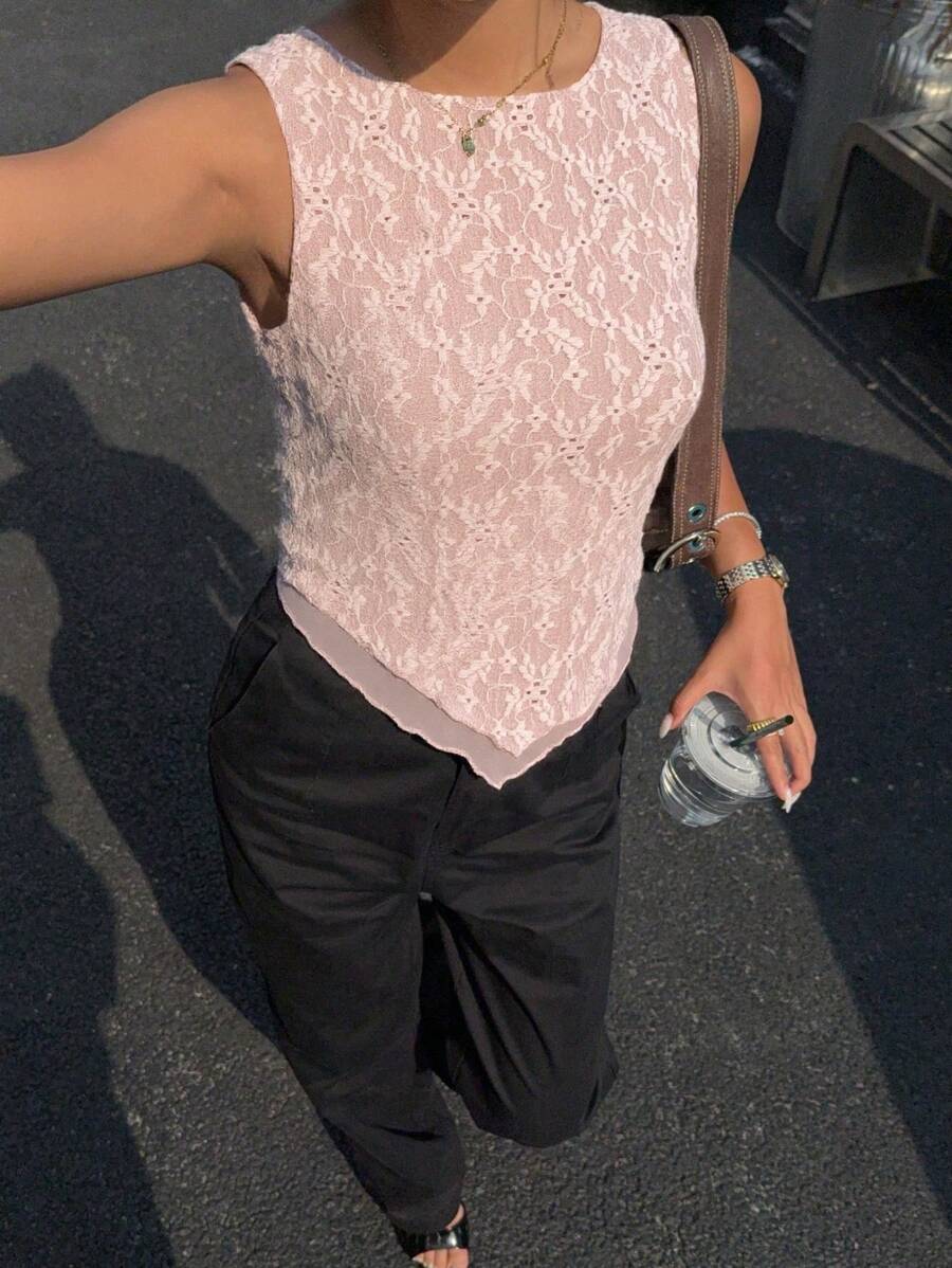 Women Cream-Color Double-Layer Lace Tank Top Summer Pink - Dusty Pink - View 1