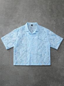 PAVTROS 男士年轻街头风格，工作室风格奢华纹理提花面料衬衫，纽扣宽松短袖短款衬衫，INS热卖，舒适休闲又不失时尚，休闲又不失优雅的风格，独特个性，适合休闲聚会、日常外出、半正式活动、度假、办公室等场合，节日礼物 - 淺藍色 - 查看 3