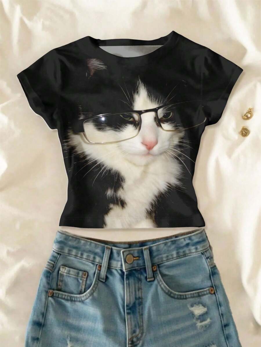 SHEIN 少女款 INAWLY 可爱猫咪印花短款 Y2K 风夏季T恤,休闲朋克猫眼图案修身露脐上衣,适合夏季和秋季穿着,舒适百搭,时尚休闲,图案印花,适合返校、返校节、户外野餐、街头摄影、居家、校园等场合。 - 彩色 - 查看 1
