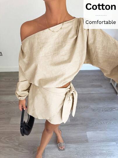 Siren Gaze 女士纯色灯笼袖船领衬衫和侧系腰裙休闲两件套