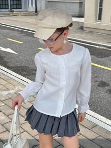 SHEIN 女童休闲通勤风白色提花宽松长袖彼得潘领衬衫，适合日常通勤