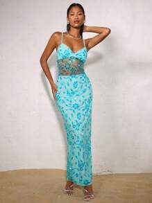 SHEIN BAE Spring Summer Solid Blue Suspenders Elegant Beaded Flowers Delicate Long Dresses, Holiday Sequin Suspenders Dresses For Beach Vacations, Beach Skirts, Music Festival Skirts, Birthday Dresses, Brunch Dresses, Wedding Dresses Bridesmaid Dresses, Wedding Guest Dresses - Blue - View 5
