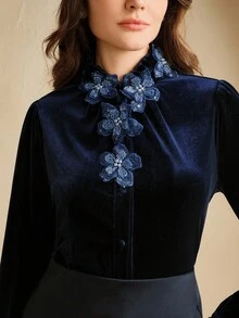 Anewsta Women's Navy Blue Velvet Long Sleeve Ruffle Collar Embellished Button Down Shirt,Navy Blue Floral,Autumn,Elegant,Tea Party,Christmas,Chic,Stylish - Navy Blue - View 2