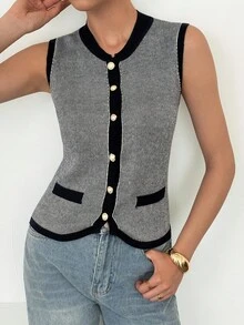 SHEIN Tall 秋冬时尚通勤撞色边珍珠纽扣针织背心 - 藍色 - 查看 6