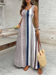 Breezaya 女士条纹圆领口袋休闲长裙，夏季 - 藏蓝色 - 查看 4
