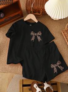 SHEIN Leap Crew Bộ quần short tay ngắn 2 món họa tiết da báo và nơ cổ điển, thường ngày tối giản dành cho bé gái tuổi teen, phù hợp cho mùa hè - màu đen - Xem 2