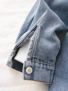 SHEIN 2 件套年轻男童蓝色水洗双面领厚衬衫上衣和羊毛运动裤套装，休闲运动校园风格，适合居家和户外穿着 - 彩色 - 查看 5