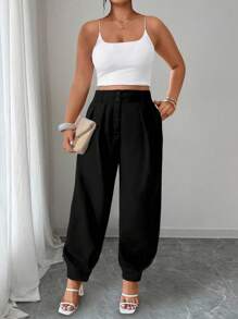 Elenzga Damenhose in großen Größen mit Taschen, plissierte, locker geschnittene Freizeithose Einfarbig