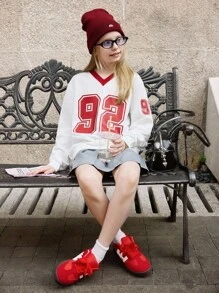 SHEIN Áo nỉ in số cổ chữ V hở vai đơn giản cho bé gái - trắng - Xem 5
