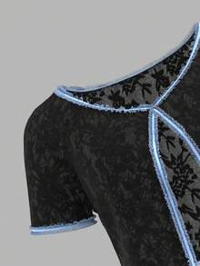 SHEIN MOD 2 Peças Conjunto de Vestido Elegante e Sexy Plus Size - Cardigã com Textura de Renda Preta e Recortes de Fita de Cetim Azul e Vestido - Preto - Visão 3