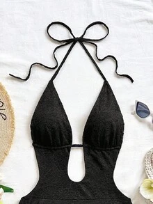 Soleia 奶油黄色女士度假复古扎染印花深 V 领露背系带双荷叶边下摆腰部收紧迷你连衣裙，适合派对、性感、约会、下午茶、街头、城市度假、音乐节、海滩、夏季 - 黑色 - 查看 4