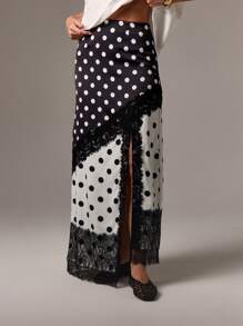 AiiRZ 波尔卡圆点黑白蕾丝边高腰侧开衩长裙优雅晚会场合装婚礼宾客节日夏秋时尚 - 黑與白 - 查看 3
